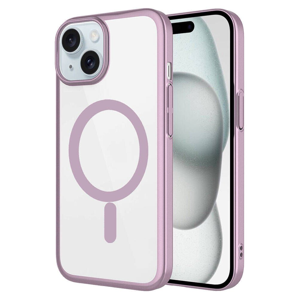 Apple iPhone 15 Plus Kılıf Wireless Şarj Özellikli Sert PC Kapak (Mat Riksos Magsafe) Pembe