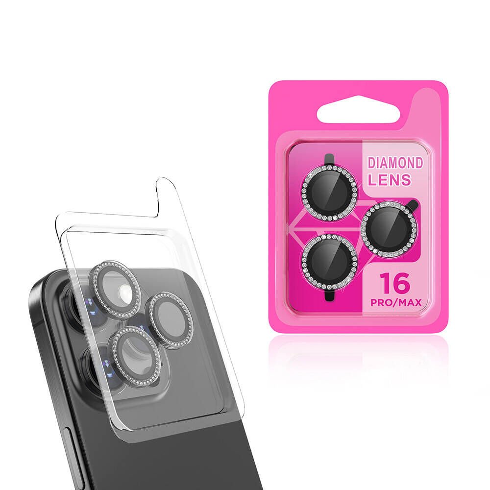 Apple iPhone 16 Pro Kamera Lens Koruyucu Renkli Taşlı Tasarım Kolay Takma Aparatlı (CL-06) Siyah