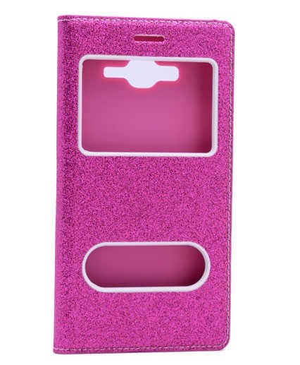 Samsung Galaxy J2 Kapaklı Kılıf Simli Mıknatıslı Kapak (DOLCE-SİM) Pembe Koyu