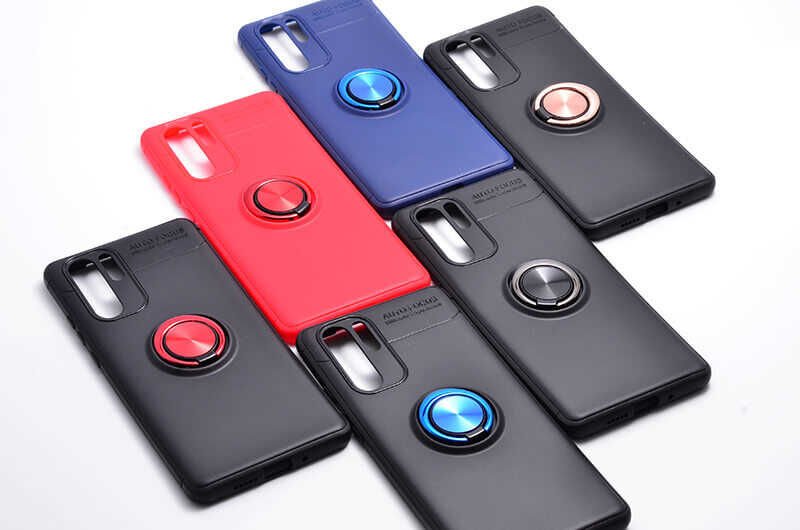 Huawei P30 Pro Kılıf Kamera Çıkıntılı Renkli Yüzüklü Standlı Mıknatıslı Kapak (RAVEL) Siyah-Kırmızı