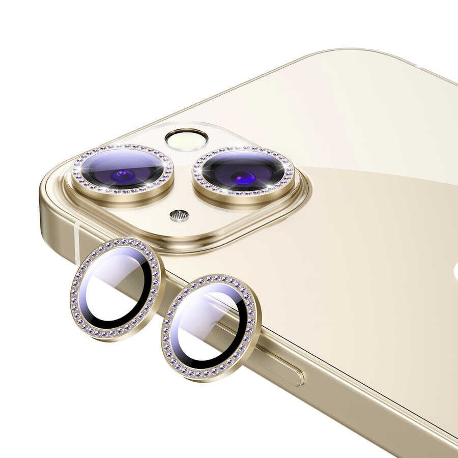 Apple iPhone 13 Mini Kamera Lens Koruyucu Renkli Taşlı Tasarım Kolay Takma Aparatlı (CL-06) Gold