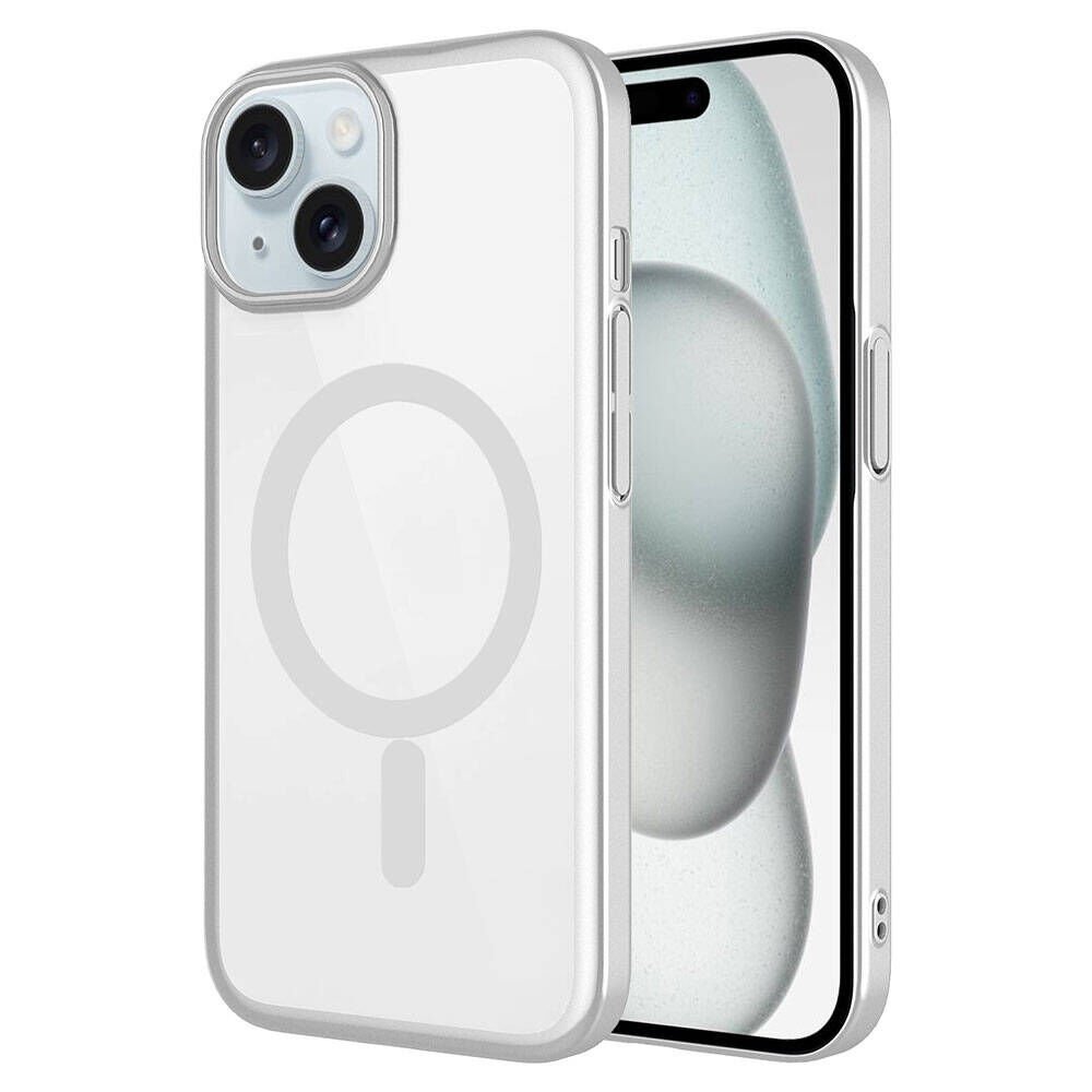 Apple iPhone 15 Plus Kılıf Wireless Şarj Özellikli Sert PC Kapak (Mat Riksos Magsafe) Gümüş