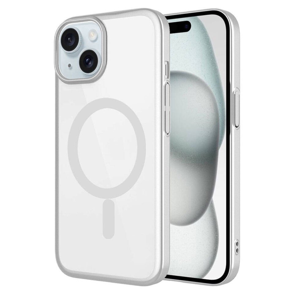 Apple iPhone 15 Plus Kılıf Wireless Şarj Özellikli Sert PC Kapak (Mat Riksos Magsafe) Gümüş