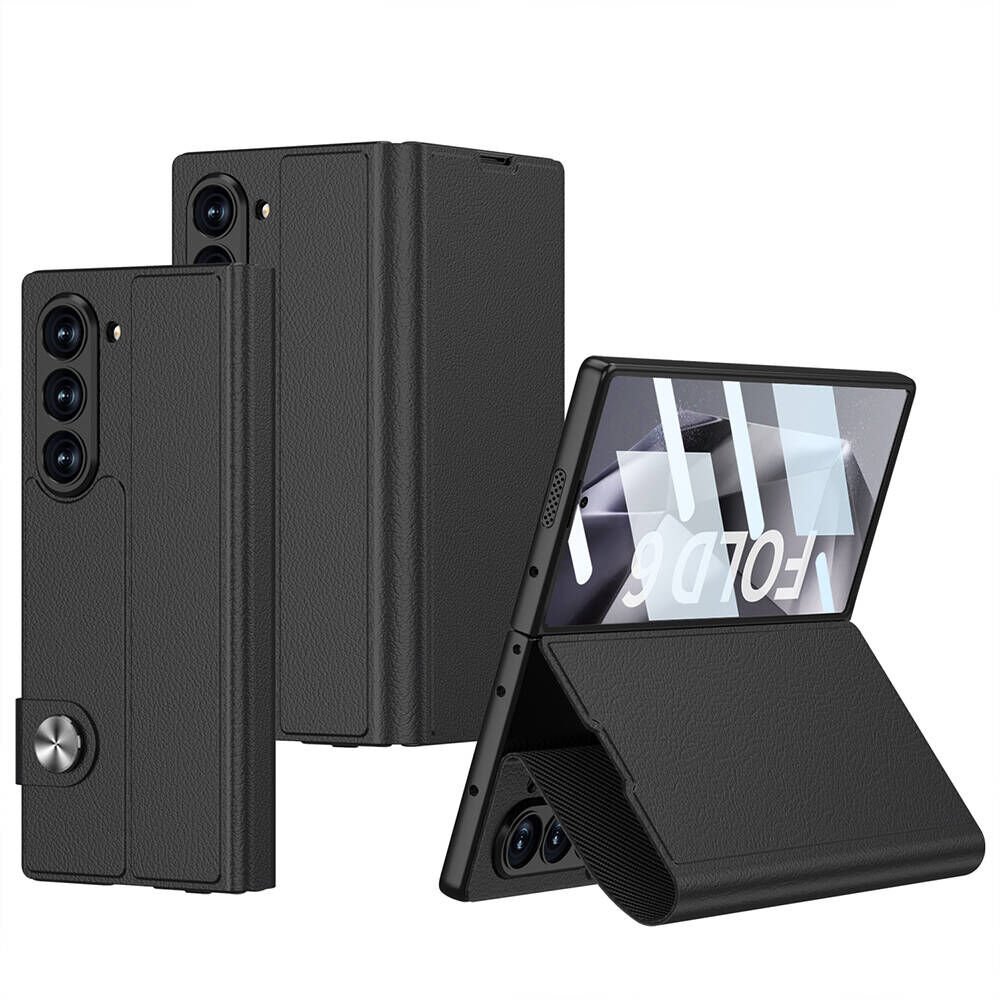 Samsung Galaxy Z Fold 6 Kılıf Suni Deri Tasarımlı Magnetik Tokalı ve Kartlıklı  Kıpta Kapak (Zegna) Siyah