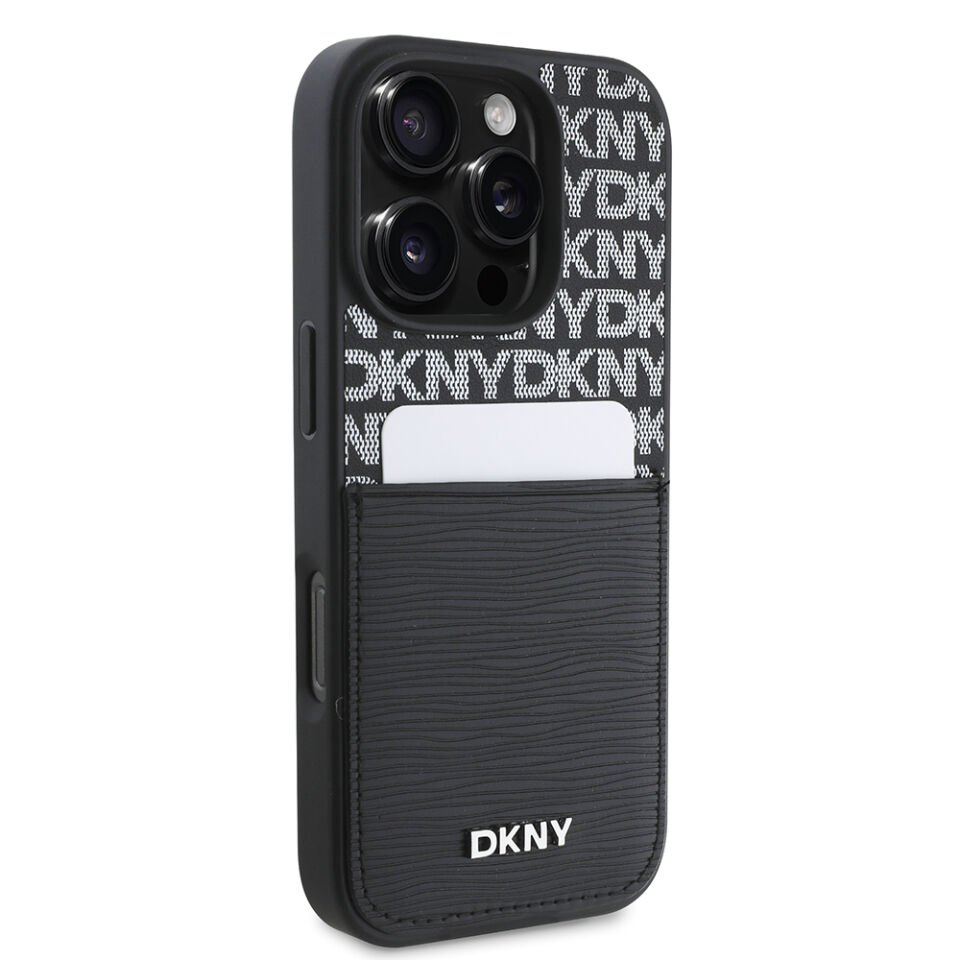 Apple iPhone 16 Pro Kılıf DKNY Orjinal Lisanslı Kartlıklı 3D Yazılı Repeat Texture Pattern Kapak