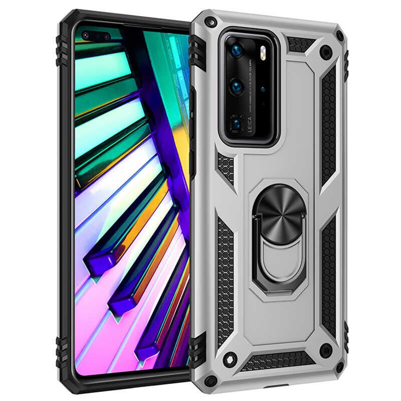 Huawei P40 Pro Kılıf Tank Zırh Yüzüklü Mıknatıslı Standlı Kapak (VEGA) Rose Gold