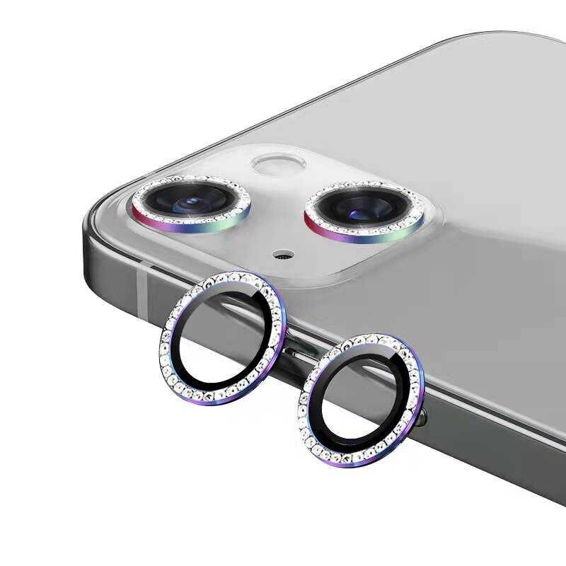 Apple iPhone 13 Mini Kamera Lens Koruyucu Renkli Taşlı Tasarım Kolay Takma Aparatlı (CL-06) Colorful