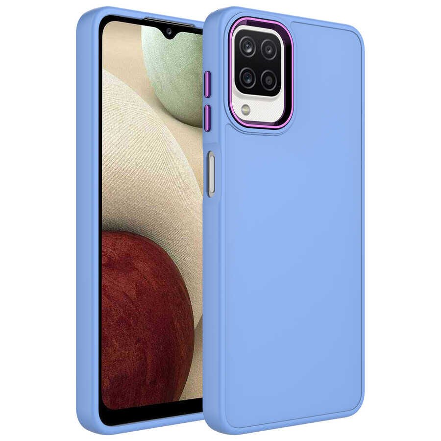 Samsung Galaxy M12 Kılıf Metal Çerçeveli Hassas Butonlu Renkli İçi Kadife Lansman Kapak (LUNA) Lavendery Gray