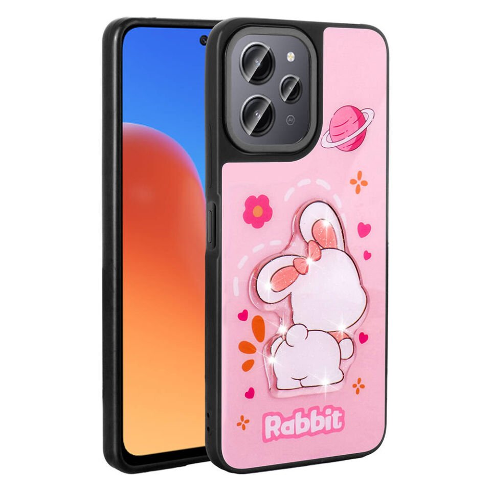 Xiaomi Redmi 12 4G Kılıf Parlayan Kabartmalı İkonik Figürlü Silikon Kapak (Amas) Pembe