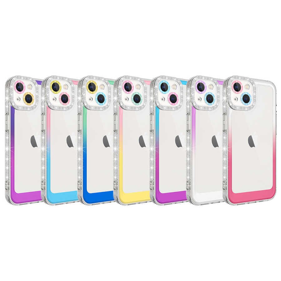 Apple  iPhone 14 Kılıf Simli Renkli Parlak Kamera Lens Korumalı Transparan Kapak (Park) Yeşil-Mavi