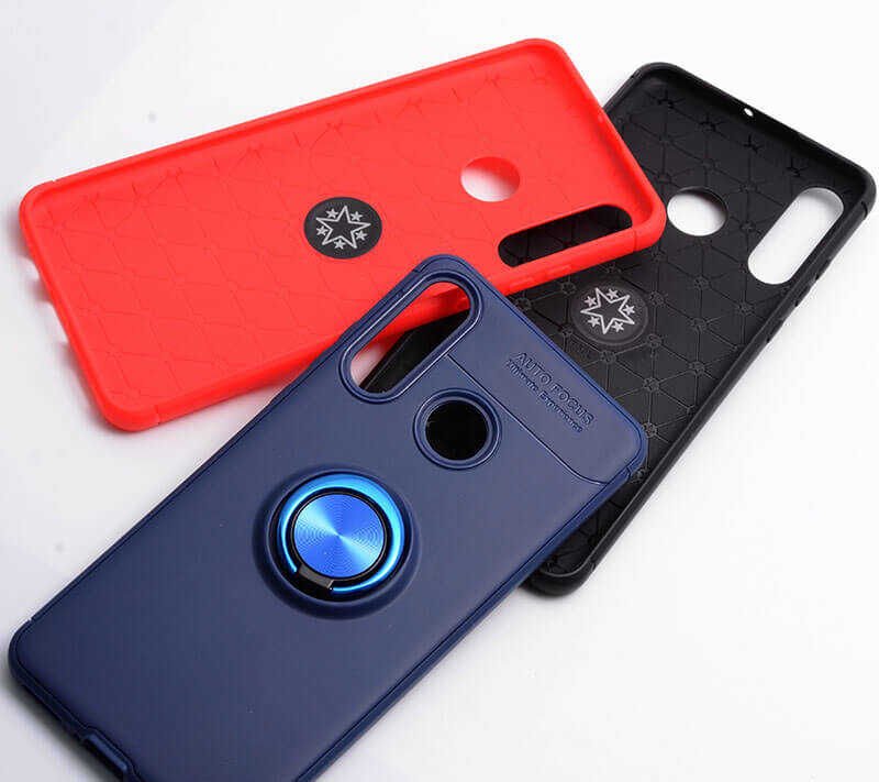 Huawei P30 Lite Kılıf Kamera Çıkıntılı Renkli Yüzüklü Standlı Mıknatıslı Kapak (RAVEL) Siyah-Mavi