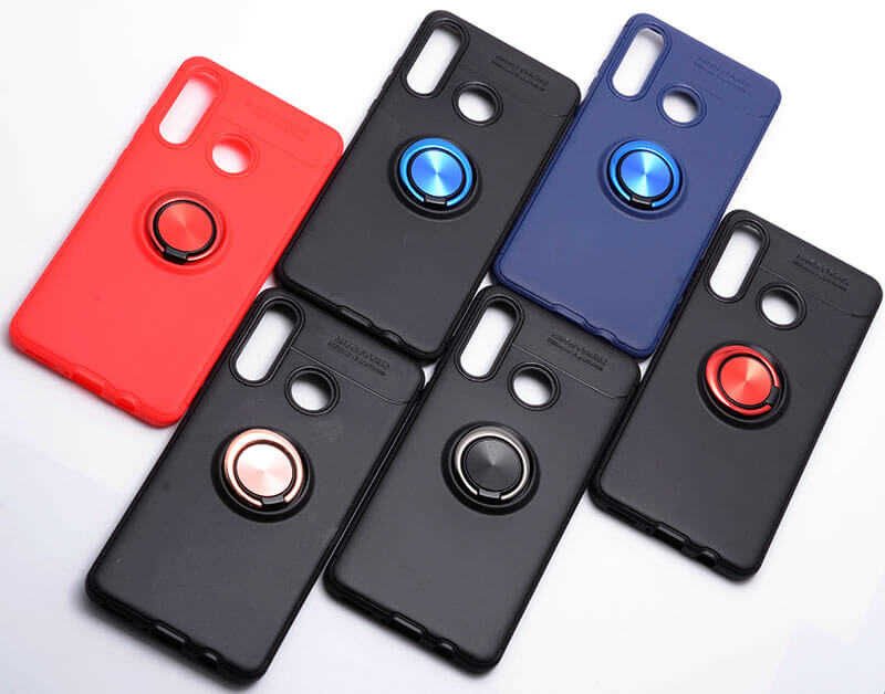 Huawei P30 Lite Kılıf Kamera Çıkıntılı Renkli Yüzüklü Standlı Mıknatıslı Kapak (RAVEL) Siyah-Mavi