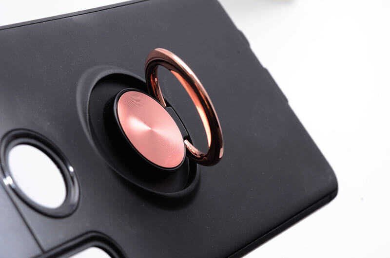 Huawei P30 Lite Kılıf Kamera Çıkıntılı Renkli Yüzüklü Standlı Mıknatıslı Kapak (RAVEL) Siyah-Rose Gold