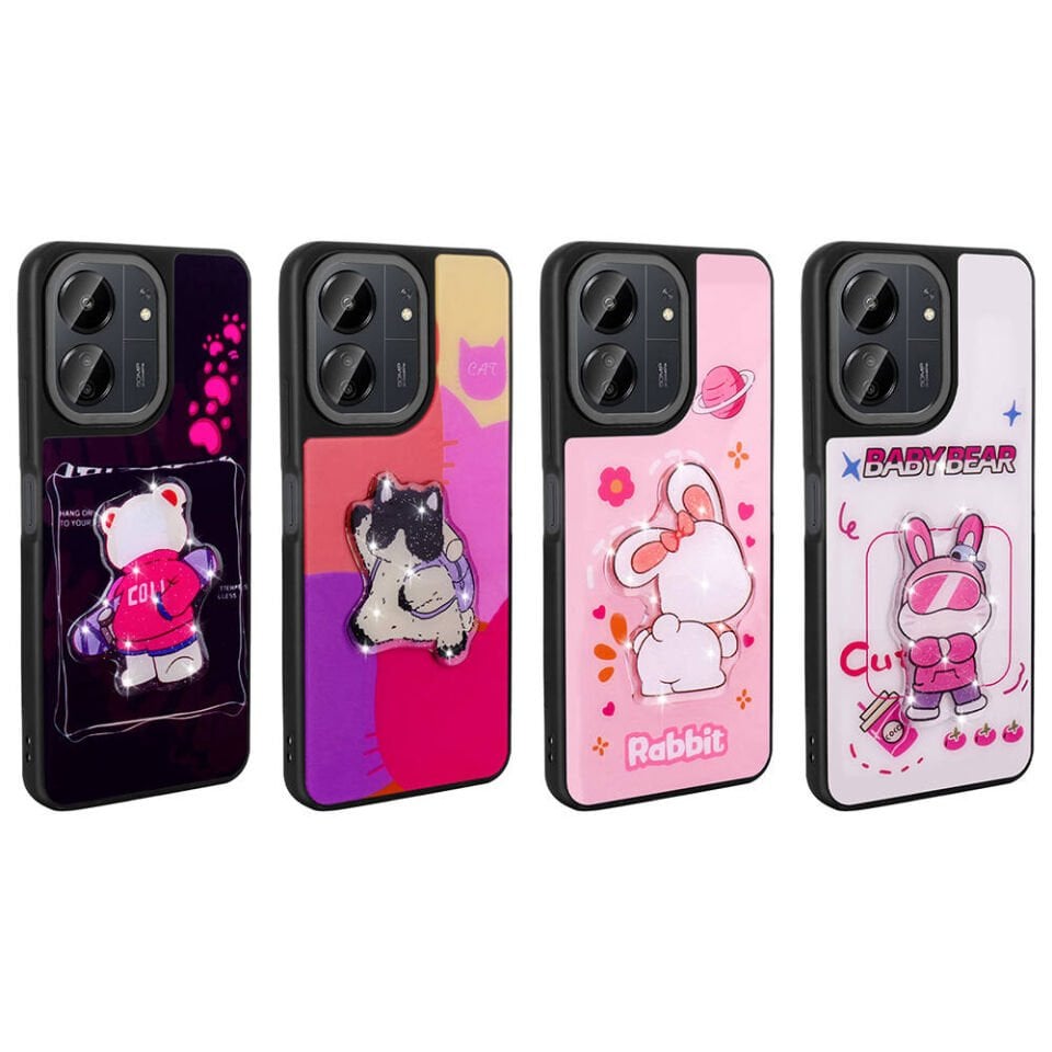 Xiaomi Poco C65 Kılıf Parlayan Kabartmalı İkonik Figürlü Silikon Kapak (Amas) Pembe