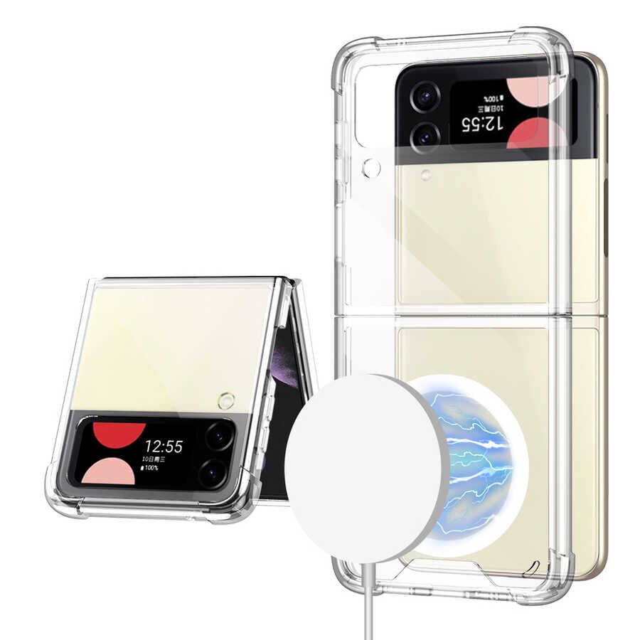 Samsung Galaxy Z Flip 4 Kılıf Wireless Şarj Özellikli Airbagli Kıpta AntiShock Magsafe Kapak Renksiz