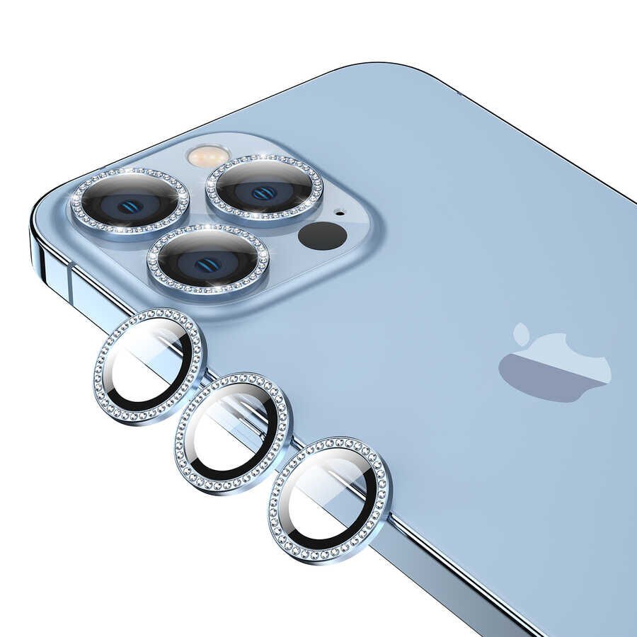 Apple iPhone 13 Pro Kamera Lens Koruyucu Renkli Taşlı Tasarım Kolay Takma Aparatlı (CL-06) Kırmızı