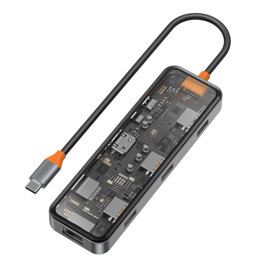 Cyber 8 in 1 Type-C Hub 100W Şarj Destekli Şeffaf Görünümlü SD Kart-RJ45-Hdmi-Usb Çoğaltıcı