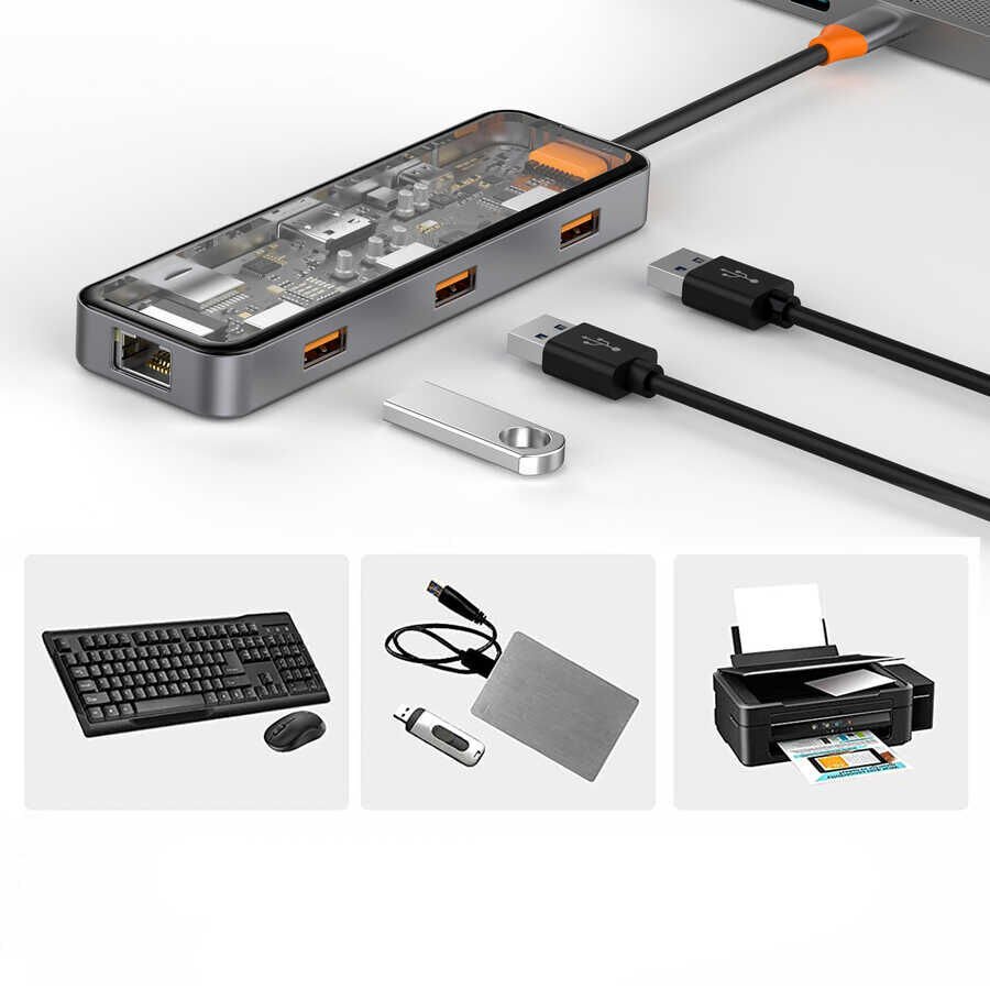 Cyber 8 in 1 Type-C Hub 100W Şarj Destekli Şeffaf Görünümlü SD Kart-RJ45-Hdmi-Usb Çoğaltıcı
