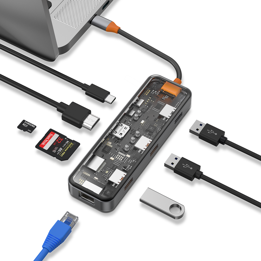 Cyber 8 in 1 Type-C Hub 100W Şarj Destekli Şeffaf Görünümlü SD Kart-RJ45-Hdmi-Usb Çoğaltıcı