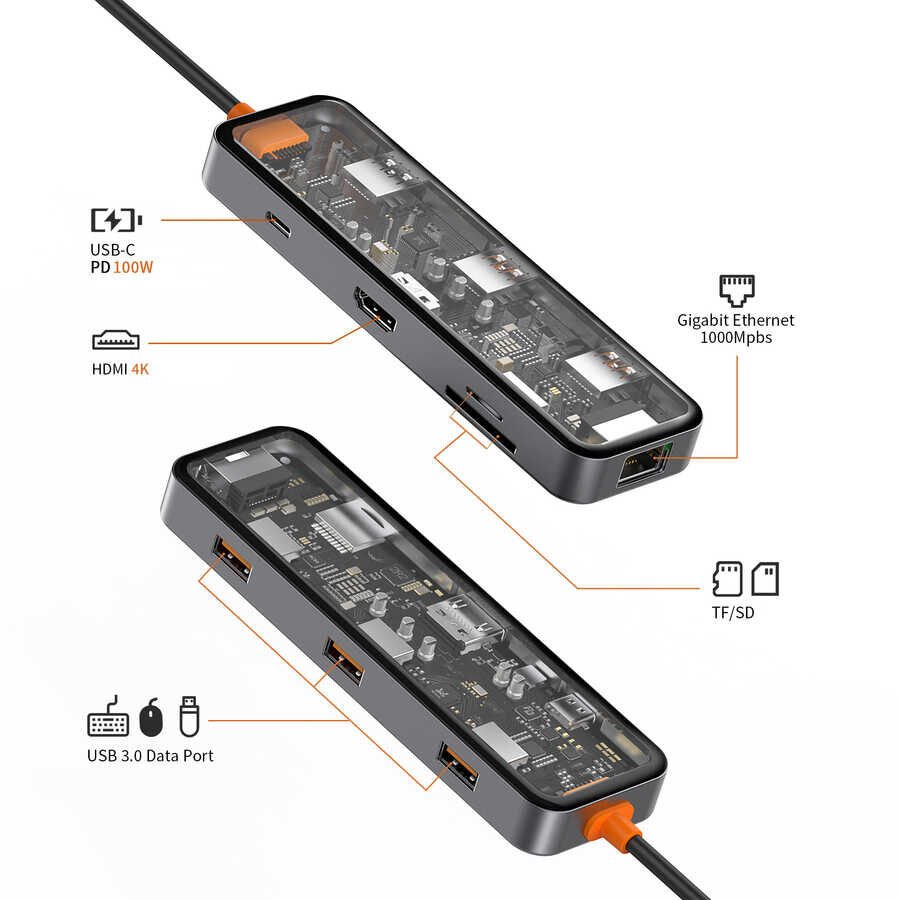 Cyber 8 in 1 Type-C Hub 100W Şarj Destekli Şeffaf Görünümlü SD Kart-RJ45-Hdmi-Usb Çoğaltıcı