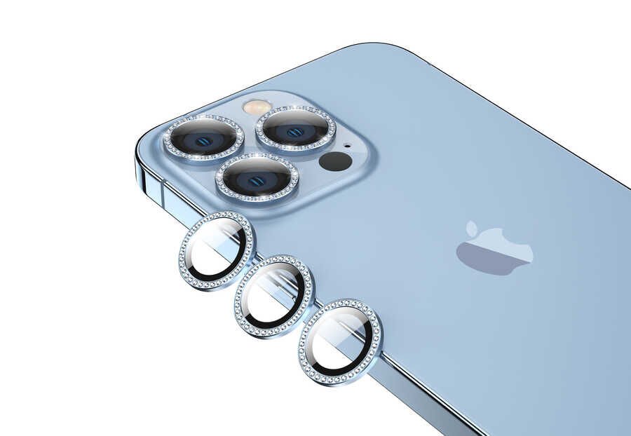 Apple iPhone 13 Pro Kamera Lens Koruyucu Renkli Taşlı Tasarım Kolay Takma Aparatlı (CL-06) Mavi