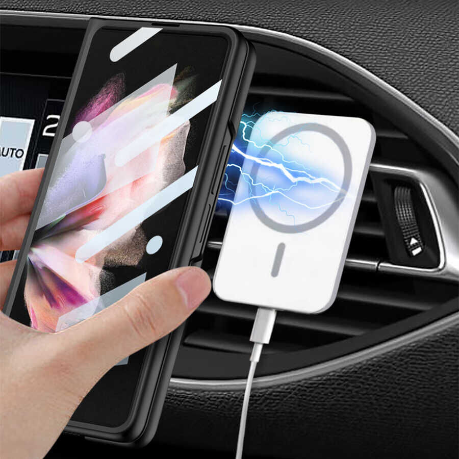 Samsung Galaxy Z Fold 3 Kılıf Wireless Şarj Özellikli Kıpta Magsafe Kapak Siyah