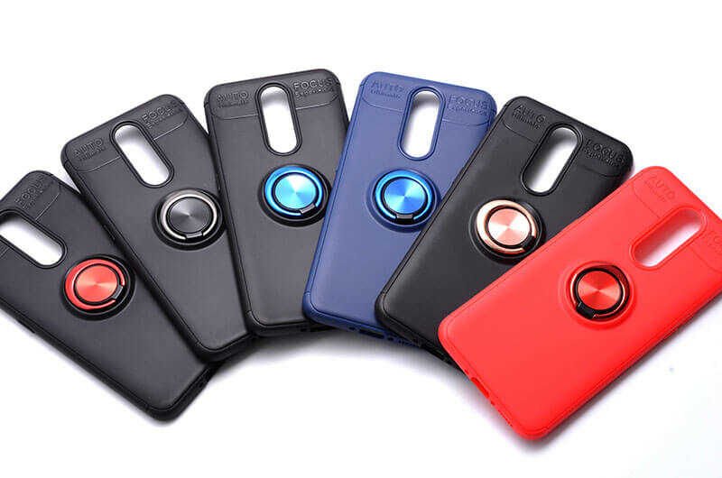 Oppo RX17 Pro Kılıf Kamera Çıkıntılı Renkli Yüzüklü Standlı Mıknatıslı Kapak (RAVEL) Siyah-Mavi