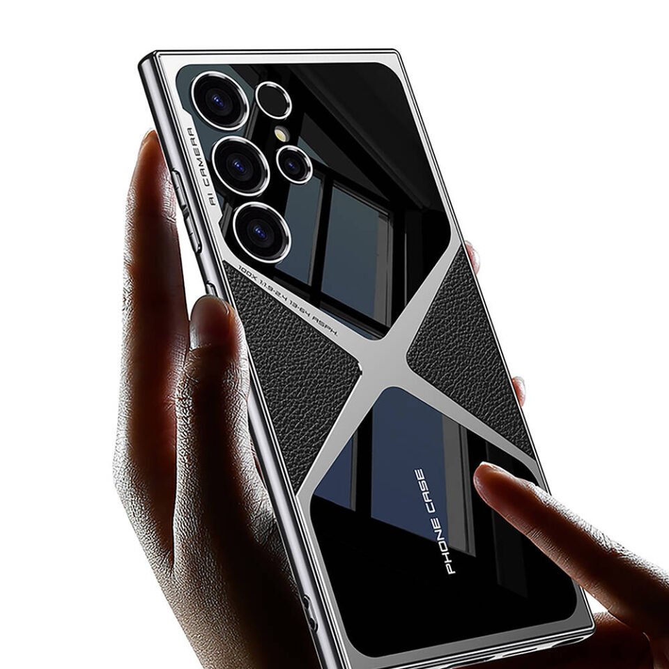 Samsung Galaxy S23 Ultra Kılıf Ultra İnce Kamera Korumalı PC + Deri Arka Yüzey Kapak (X-Pro) Siyah