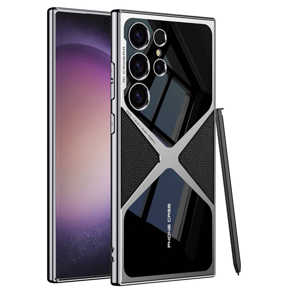 Samsung Galaxy S23 Ultra Kılıf Ultra İnce Kamera Korumalı PC + Deri Arka Yüzey Kapak (X-Pro) Siyah