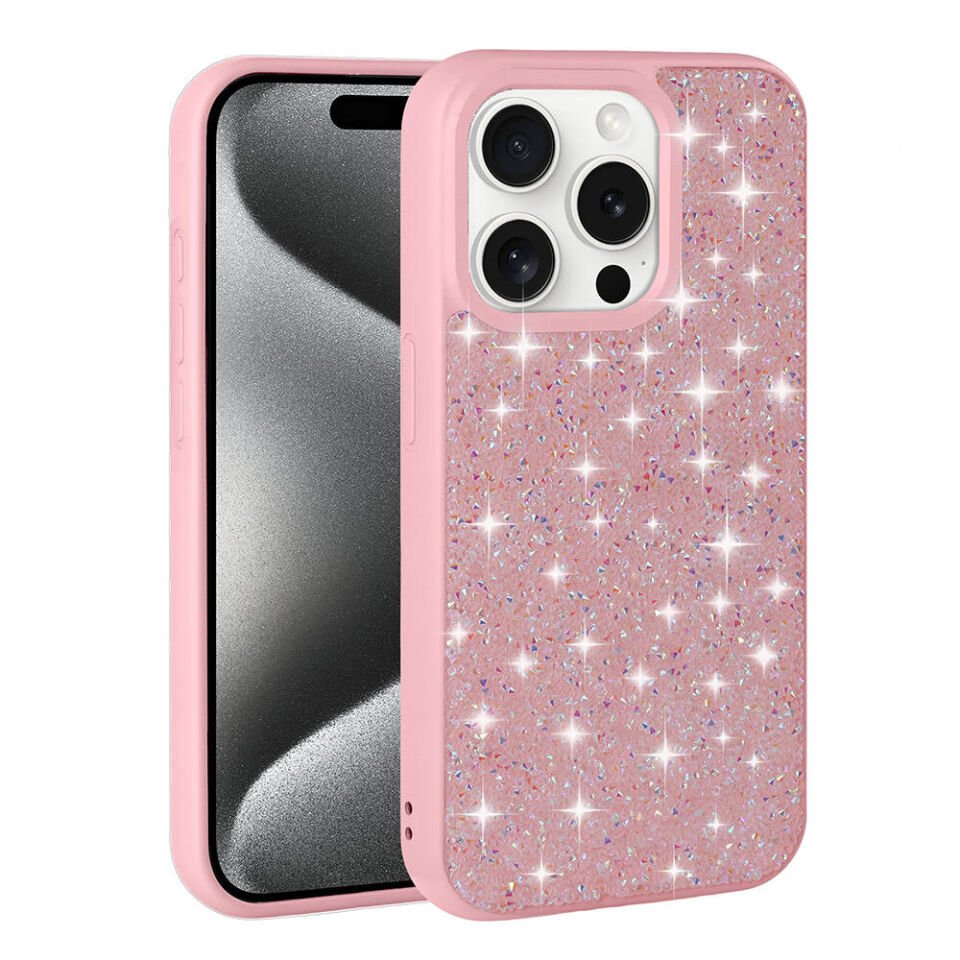 Apple  iPhone 15 Pro Kılıf Parlak Taşlı Tasarım Kamera Kısmı Yükseltili Korumalı Kapak (Pırlanta) Pembe