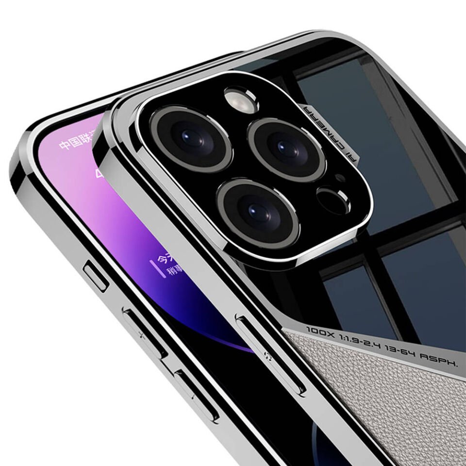Apple iPhone 15 Pro Kılıf Ultra İnce Kamera Korumalı PC + Deri Arka Yüzey Kapak (X-Pro) Titanyum-Gri