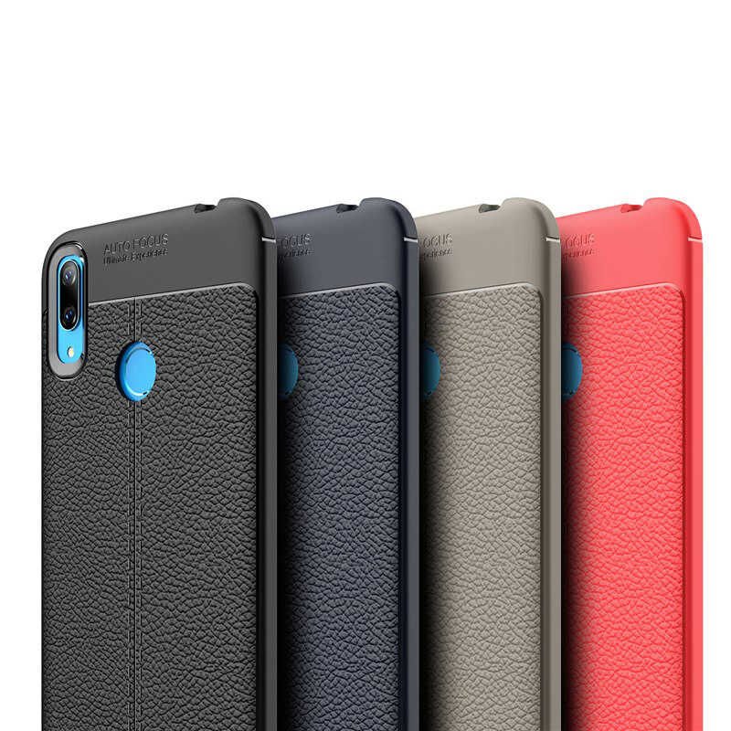 Huawei Y7 Prime 2019 Kılıf Deri Görünümlü Renk Atmayan Dayanaklı Silikon Kapak (NİSS) Siyah