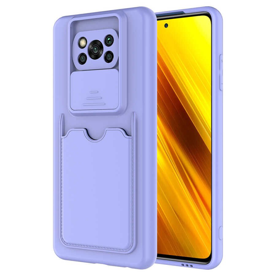 Xiaomi Poco X3 Kılıf Cüzdan Sürgülü Kamera Korumalı Kartllıklı Bölmeli Kapak (Kartix) Lila