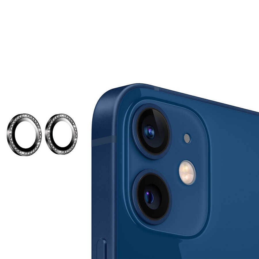 Apple iPhone 11 Kamera Lens Koruyucu Renkli Taşlı Tasarım Kolay Takma Aparatlı (CL-06) Siyah