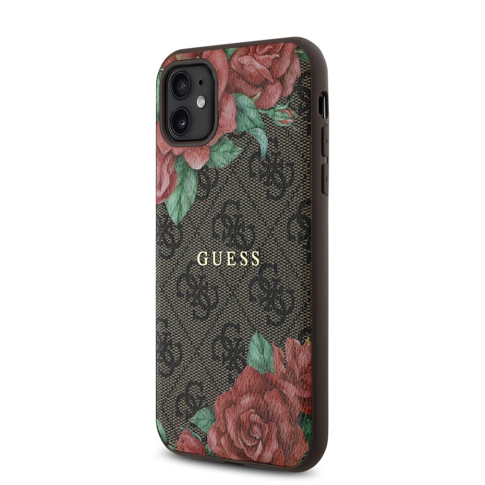 Apple iPhone 11 Kılıf Guess Orjinal Lisanslı Magsafe Uyumlu Gül Baskılı 4G Desenli Yazı Logolu Kapak