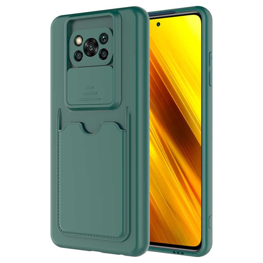 Xiaomi Poco X3 Kılıf Cüzdan Sürgülü Kamera Korumalı Kartllıklı Bölmeli Kapak (Kartix) Koyu Yeşil