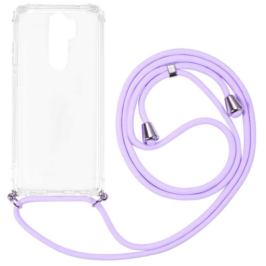 Xiaomi Redmi Note 8 Pro Kılıf Şeffaf Köşe Korumalı İpli Boyun Askılı Kapak (X-Rop) Renksiz