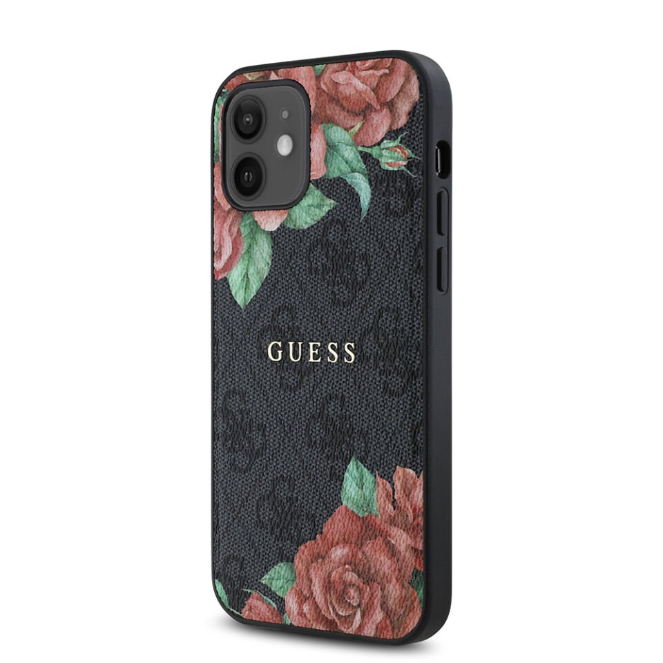 Apple iPhone 12 Kılıf Guess Orjinal Lisanslı Magsafe Şarj Özellikli Gül Baskılı 4G Desenli Yazı Logolu Kapak