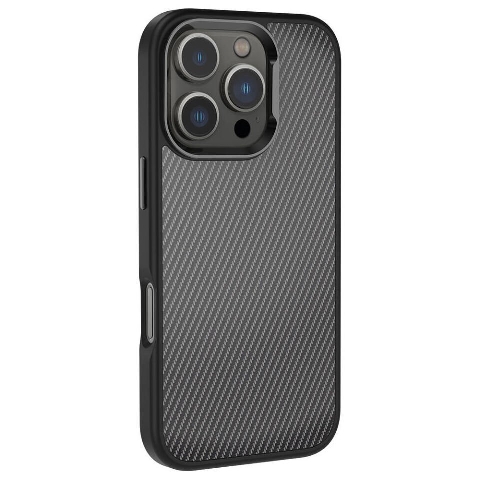 Apple iPhone 16 Pro Max Kılıf Karbon Fiber Görünümlü Parlak Kamera Çerçeveli Kapak (Venus) Rose Brown