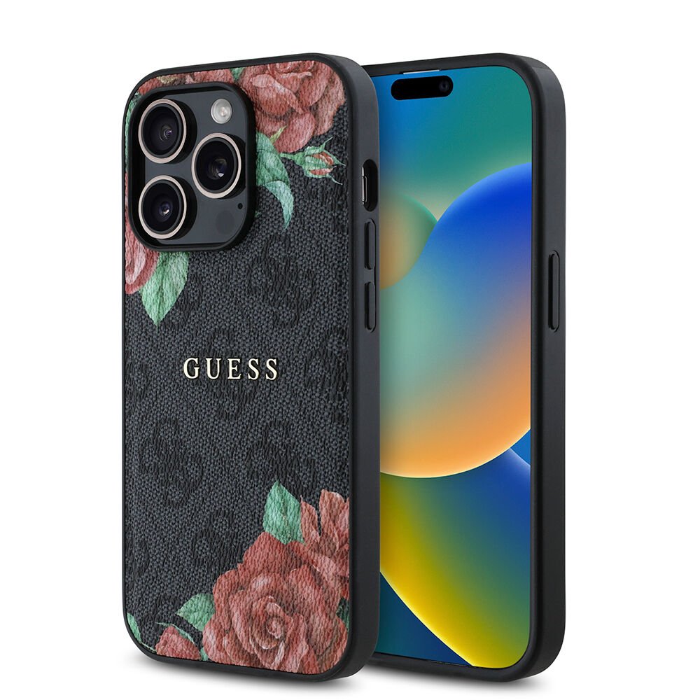 Apple iPhone 14 Pro Kılıf Guess Orjinal Lisanslı Magsafe Şarj Özellikli Gül Baskılı 4G Desenli Yazı Logolu Kapak