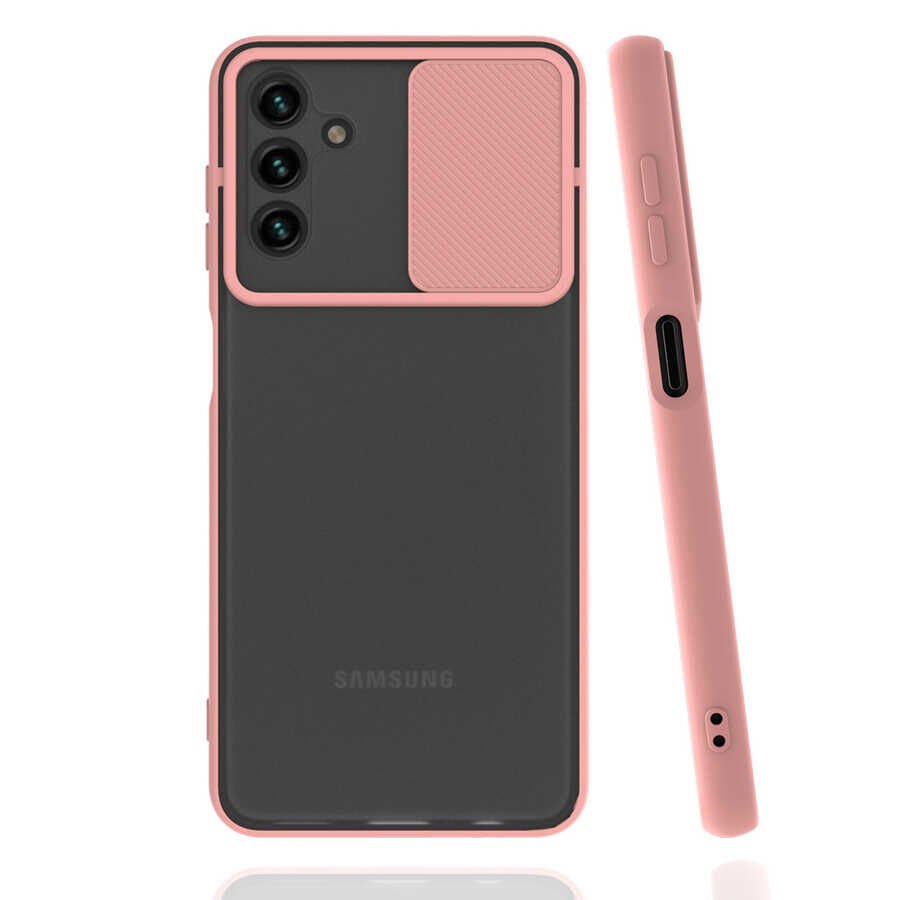 Samsung Galaxy A04S Kılıf Slayt Sürgülü Kamera Korumalı Renkli Silikon Kapak Pembe Açık