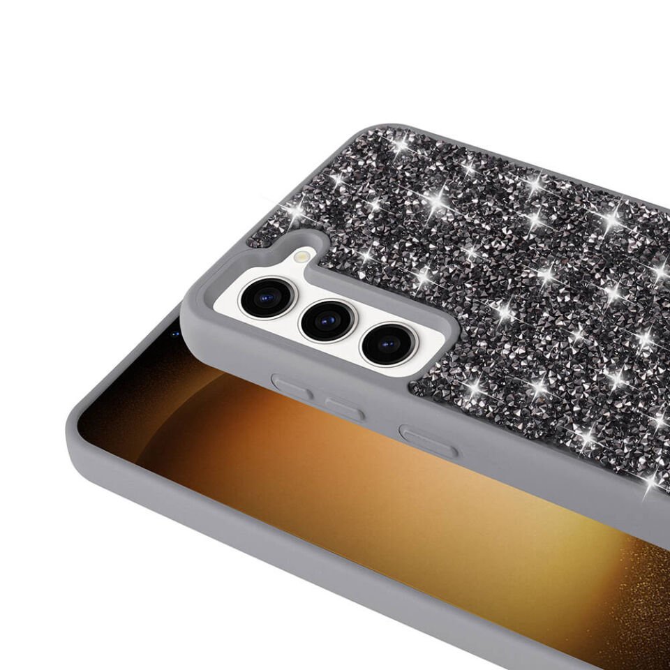Samsung Galaxy S23 Kılıf Parlak Taşlı Tasarım Kamera Kısmı Yükseltili Korumalı Kapak (Pırlanta) Gri