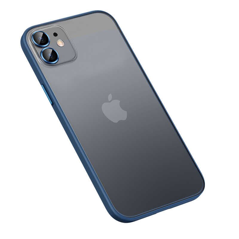 Apple  iPhone 12 Kılıf Lens Koruyuculu Kenarları Renkli Arkası Mat Kapak (retro) Lacivert