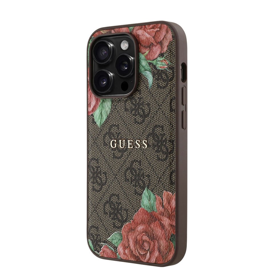Apple iPhone 14 Pro Max Kılıf Guess Orjinal Lisanslı Magsafe Şarj Özellikli Gül Baskılı 4G Desenli Yazı Logolu Kapak