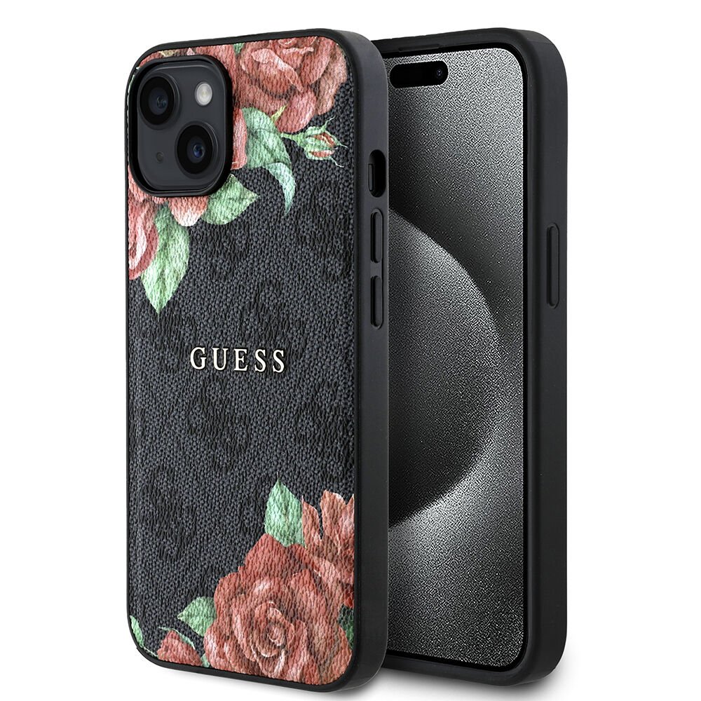 Apple iPhone 15 Kılıf Guess Orjinal Lisanslı Magsafe Şarj Özellikli Gül Baskılı 4G Desenli Yazı Logolu Kapak