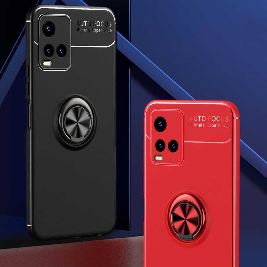 Vivo Y33S Kılıf Kamera Çıkıntılı Renkli Yüzüklü Standlı Mıknatıslı Kapak (RAVEL) Siyah