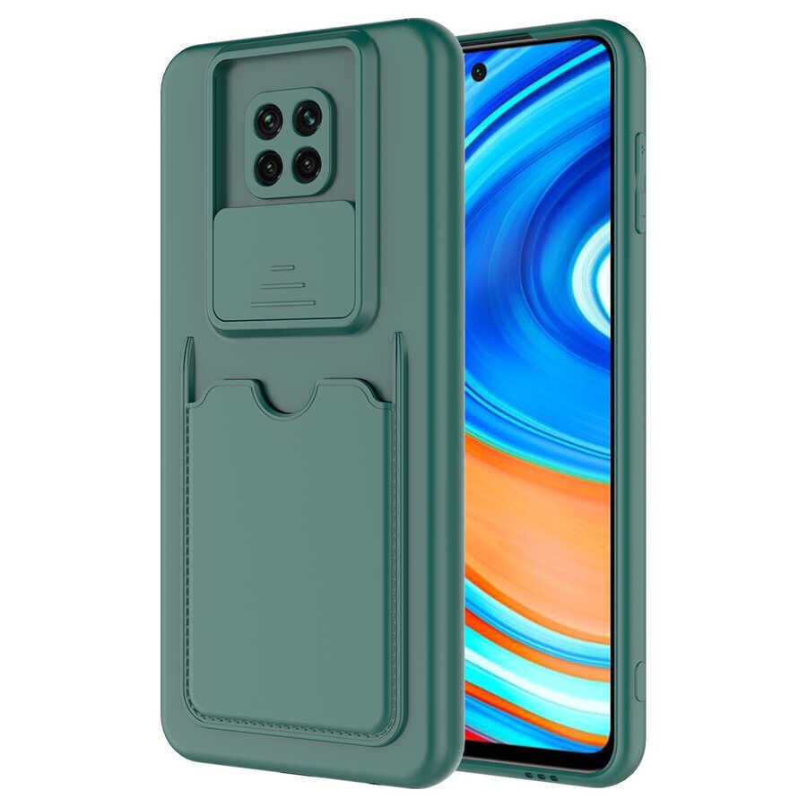 Xiaomi Redmi Note 9 Pro Kılıf Cüzdan Sürgülü Kamera Korumalı Kartllıklı Bölmeli Kapak (Kartix) Koyu Yeşil