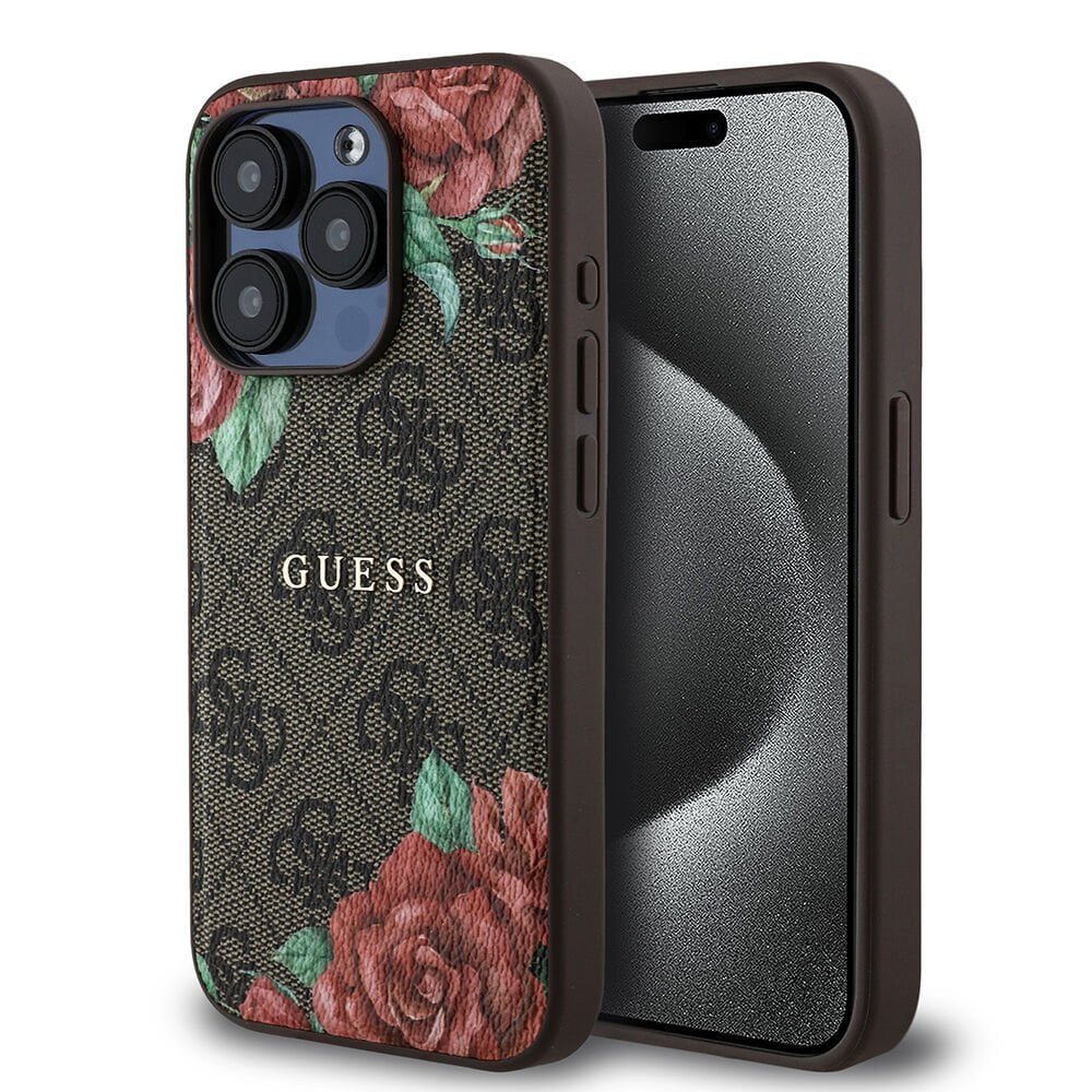 Apple iPhone 15 Pro Kılıf Guess Orjinal Lisanslı Magsafe Şarj Özellikli Gül Baskılı 4G Desenli Yazı Logolu Kapak