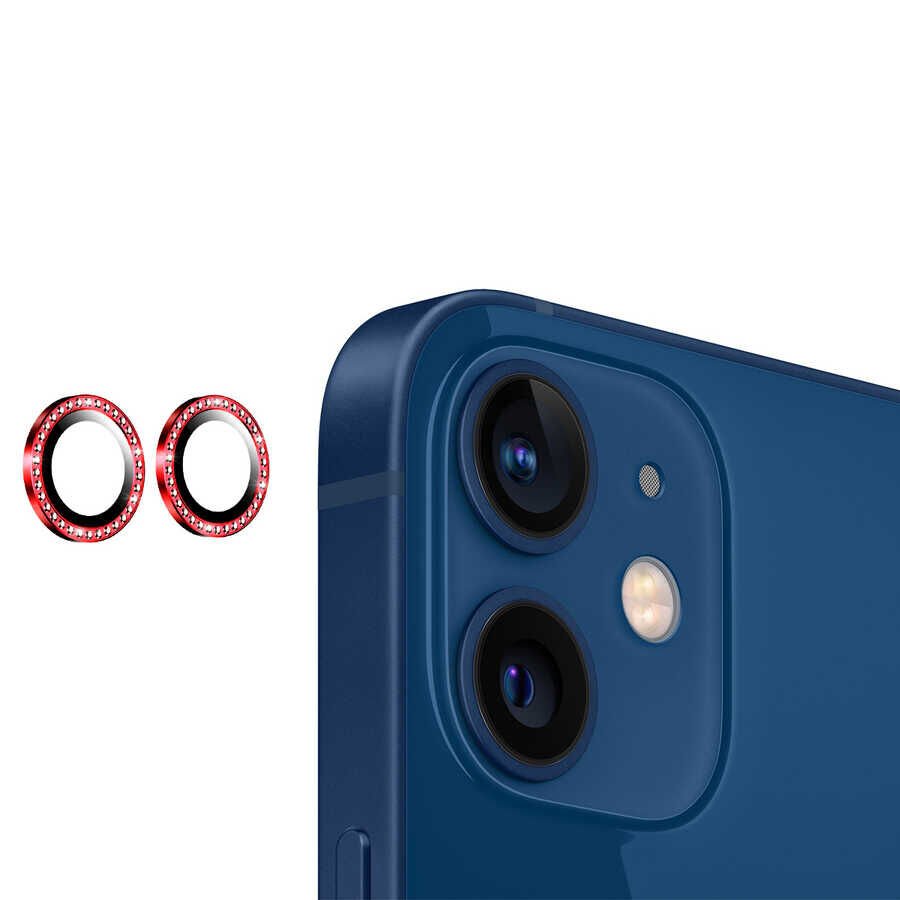 Apple iPhone 12 Mini Kamera Lens Koruyucu Renkli Taşlı Tasarım Kolay Takma Aparatlı (CL-06) Kırmızı
