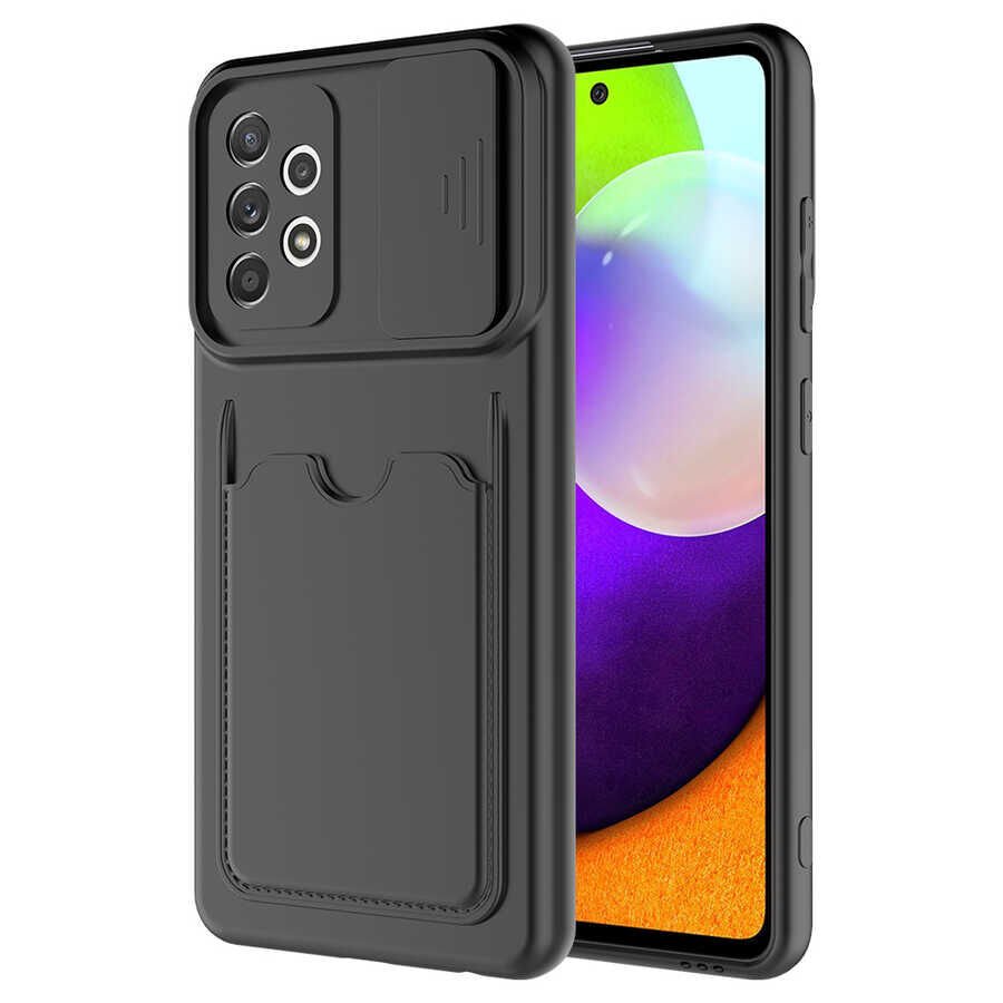 Samsung Galaxy A72 Kılıf Cüzdan Sürgülü Kamera Korumalı Kartllıklı Bölmeli Kapak (Kartix) Siyah
